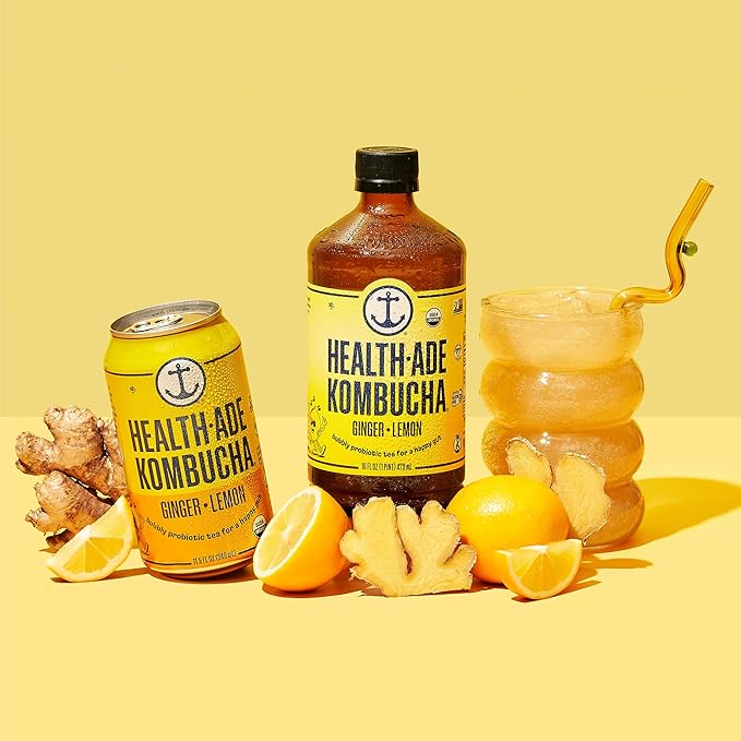 Health-Ade Kombucha Tea Organic Drink Fermented Tea with Living Probiotics Detoxifying Acids Supports Gut Health Non-GMO Vegan Gluten Free 12 Pack (16 Fl Oz Bottles) Ginger-Lemon