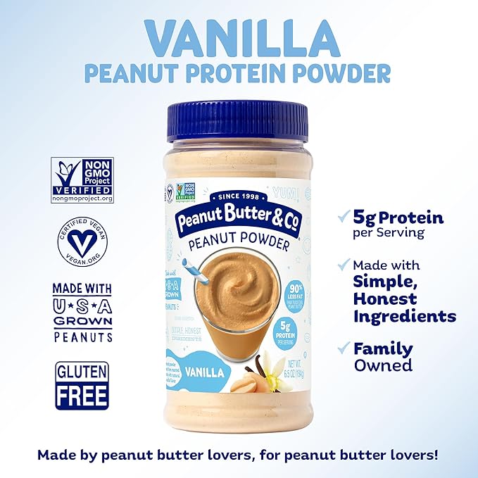 Peanut Butter &amp Co. Vanilla Peanut Powder 5g Protein 0g Sugar Added 50 Calories per Serving 90% Less Fat Non-GMO Project Verified Vegan &amp Gluten Free Peanut Butter Powder 6.5 oz Jars (P