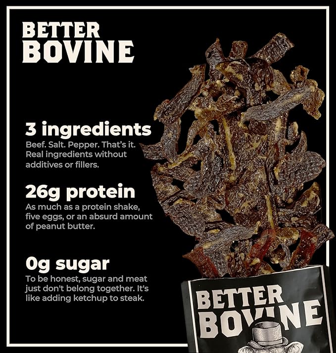 BETTER BOVINE Grass Fed Wagyu Beef Jerky Keto Paleo Low Carb High Protein Gluten Free Sugar Free Non-GMO Nitrate Free Preservative Free No Antibiotics No Added Hormones 26g Protein 0g Car