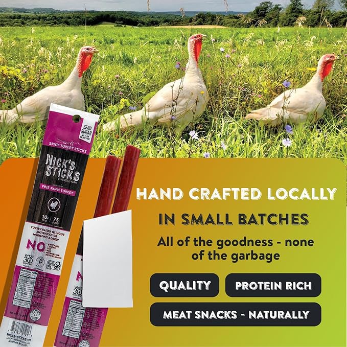 Nick's Sticks Clean &amp Balanced Spicy Free Range Turkey Snack Sticks | Made in the USA | Gluten Free | Paleo | Keto | Whole30 Approved |No Soy Antibiotics or Hormones (25 – 1.7oz. Packs of 2 Stick