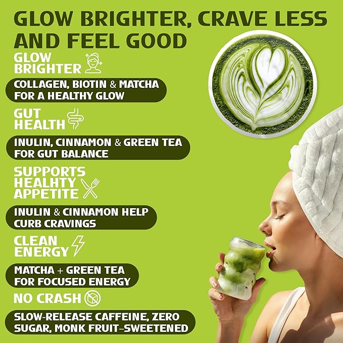 Slim &amp Glow Matcha Latte Powder – Collagen Peptides Organic Matcha Inulin Prebiotic Fiber Green Tea Extract Biotin – Gut Health Craving Control – 14 Servings