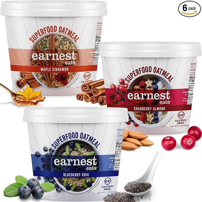 Earnest Eats Superfood Oatmeal Cups - Variety Pack – 7g Plant Protein Gluten Free Vegan On-the-Go Breakfast 2.1 Ounces Each (6 Pack)