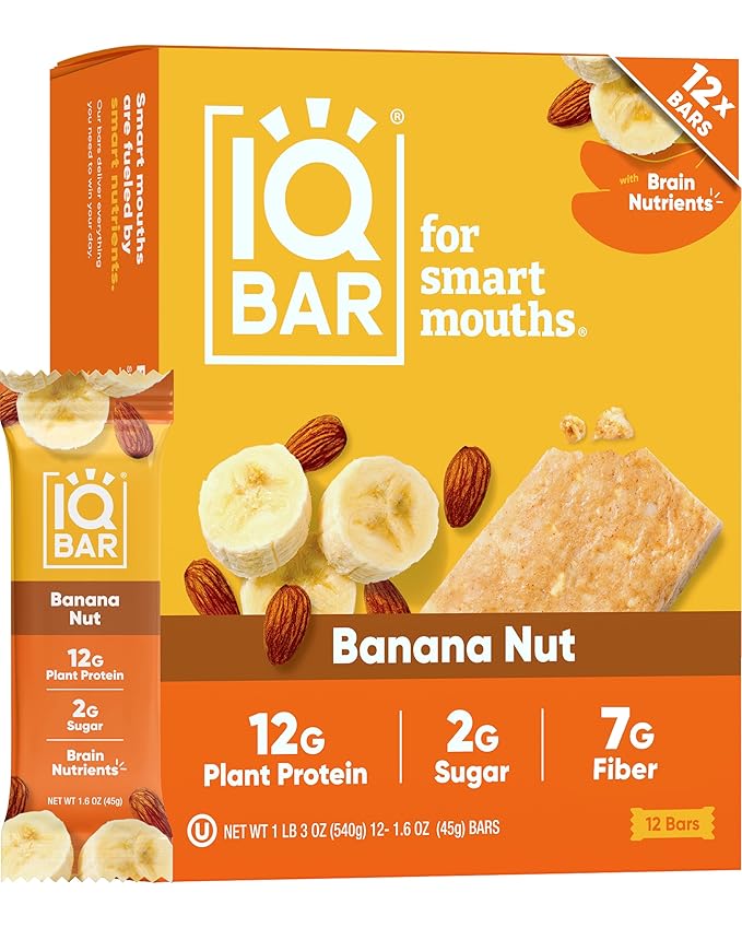 IQBAR Clean Plant Protein Bars - Banana Nut - 12 Count - Keto Vegan High Fiber Gluten and Dairy Free Low Sugar Snack - Brain and Body Nutrients for Focus Energy Meal Replacement