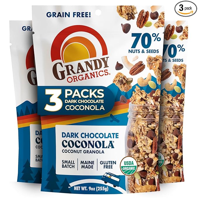 Grandy Organics Dark Chocolate Coconola Granola Certified Organic Gluten Free Granola Grain Free Chocolate Flavored Coconola Kosher Certified Paleo Friendly 9oz Each Pack of 3