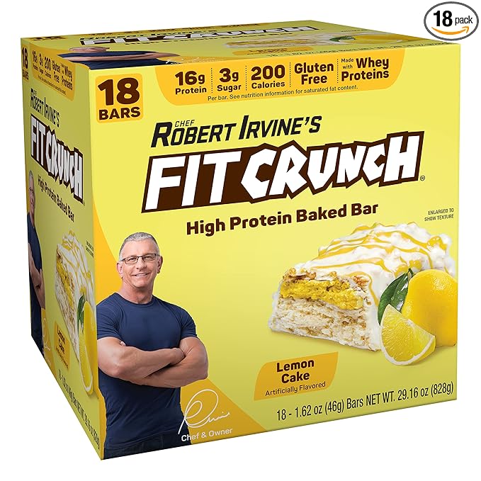 FITCRUNCH Snack Size Protein Bars 6-Layer Baked Bar 3g of Sugar &amp Soft Cake Core (18 Bars Lemon Cake)