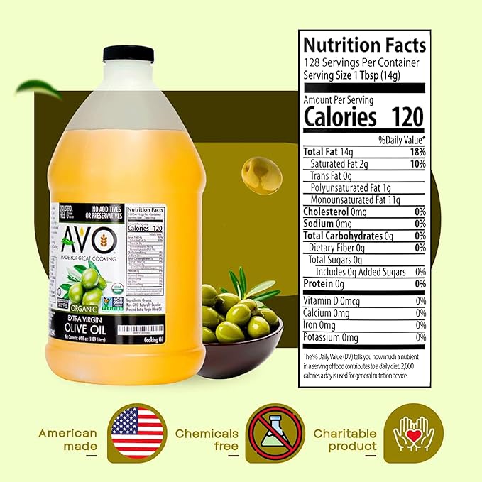 AVO Organic Olive Oil Extra Virgin Cold Pressed 64 Fl-oz (Half Gallon) NO preservatives added High Smoke Point 410°F Oil Cooking
