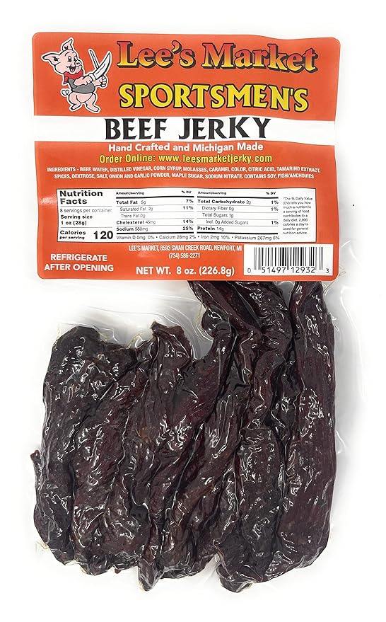 Lee's Market Sportsmens Beef Jerky - Soft &amp Tender - Healthy Low Carb Gluten-Free Snack - Paleo &amp Keto-Friendly - Michigan Made Handcrafted Jerky - Specialty Gourmet Meat Snacks - 8oz