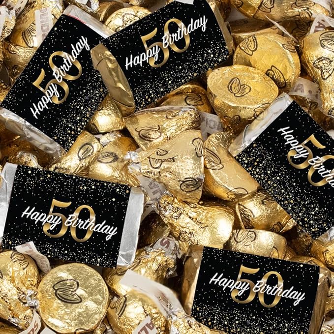 131 Pcs 50th Birthday Candy Party Favors Miniatures Chocolate &amp Gold Almond Kisses (1.65 lbs Approx. 131 Pcs)