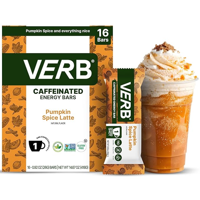 Verb Caffeinated Energy Bars Pumpkin Spice Latte (26g Pack of 16) 110-Calorie Delicious Low Sugar Energy Bar - Gluten Free On-the Go Snack with 80mg Green Tea Caffeine Only Real-Food Ingredients
