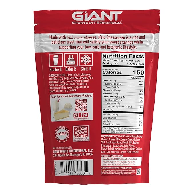 Giant Sports Keto Cheesecake Shake Mix - Delicious Low Carb Ketogenic Diet Gluten Free Powder Mix - Works Great with Almond Milk - Strawberry (20 Serving Bag)