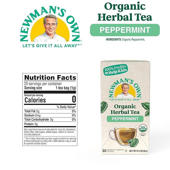 Newman's Own Organic Peppermint Tea Caffeine Free Refreshing Mint Herbal Tea That May Aid Digestion with 20 Individually Wrapped Tea Bags Per Box (Pack of 6) USDA Certified Brew Hot/Cold