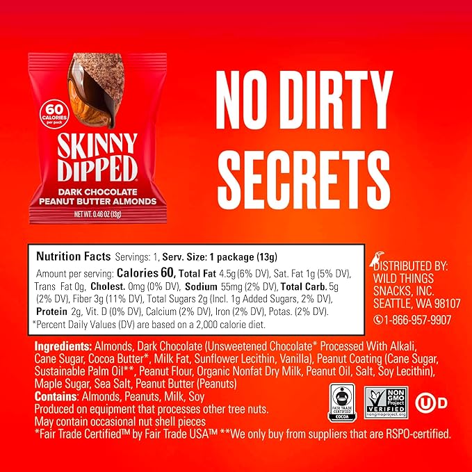 SkinnyDipped Dark Chocolate Peanut Butter Almonds Healthy Snack Plant Protein Gluten Free 0.46 oz Mini Bags Pack of 24