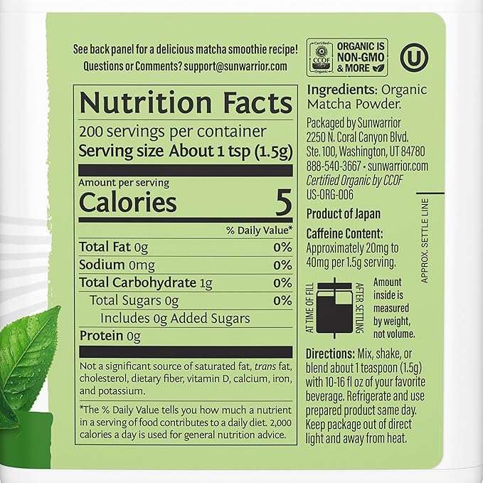 Organic Matcha Green Tea Powder Culinary Grade Matcha for Smoothies Baking Lattes Vegan Sugar &amp Dairy Free 225 Servings Sunwarrior