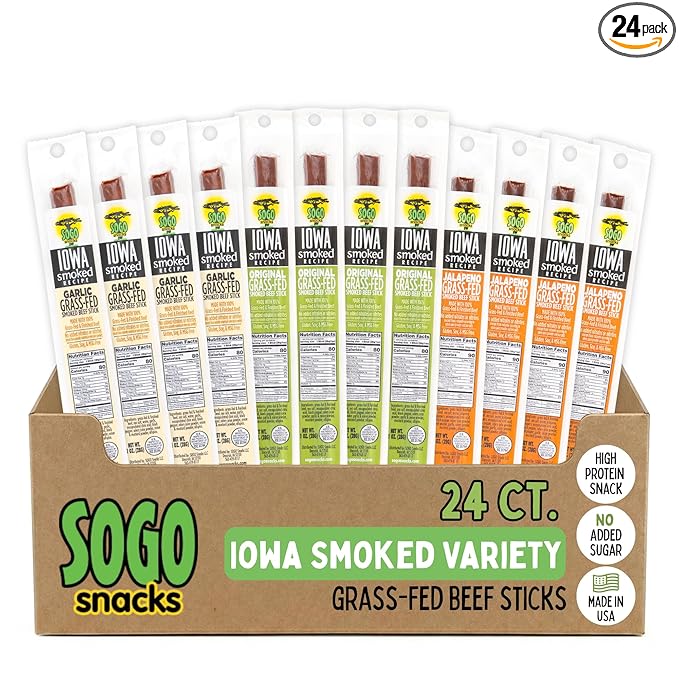 Beef Jerky Variety Pack Iowa Smoked Recipe 3 Flavors No Sugar Non-GMO 100% Grass Fed Beef Sticks. No Nitrates Gluten Soy MSG Dairy or Nuts. Paleo Whole30 and Keto Snack. Low Calorie High Pro