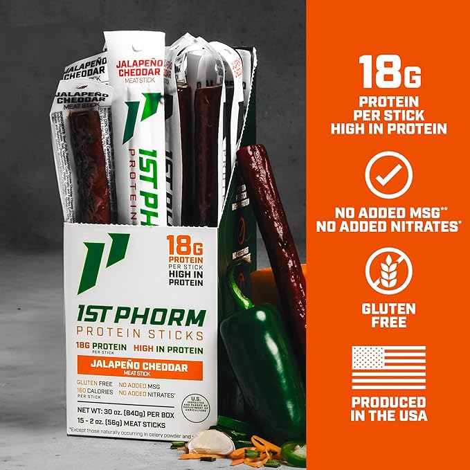 1st Phorm Meat Sticks Jalapeno Cheddar 18G Protein per Serving USA Raised Lean Beef and Pork High Protein Snacks Gluten Free No Msg or Nitrates Individually Wrapped 15 Count