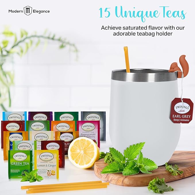 Tea Gifts for Women – Sampler Gift Basket with 15 Unique Blends Honey Sticks Stainless Tumbler &amp Gift-Ready Box (White)