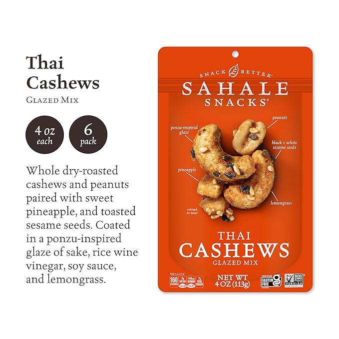 Sahale Snacks Thai Cashews Glazed Mix 4 Ounces (Pack of 6)