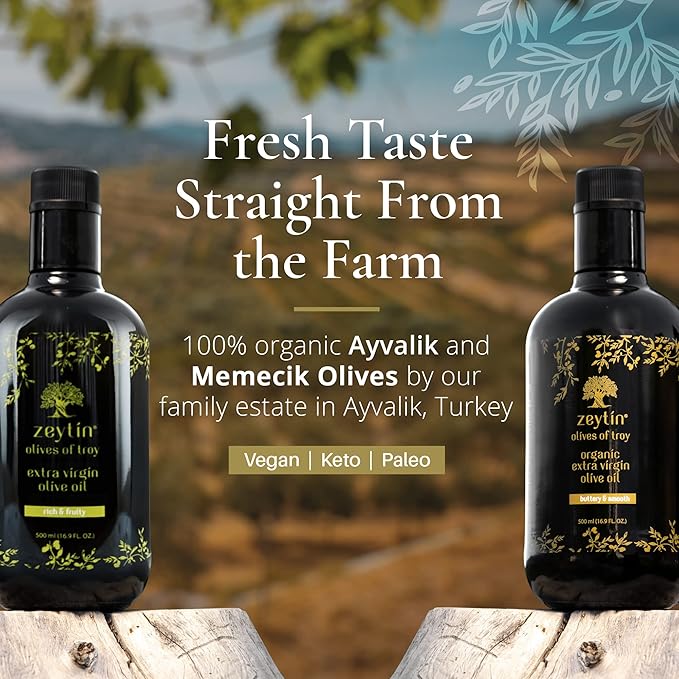 Zeytin Olive Oils Extra Virgin - Early Harvest Bottled in May 2024 - Awarded Brand - Custom Premium Gift Box - Cold Pressed Olive Oil for Cooking Soup &amp More - Perfect Vegan &amp Keto (2 x 16.9