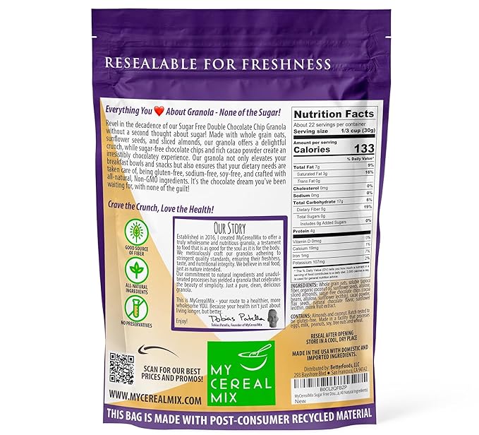 MyCerealMix Sugar Free Granola Double Chocolate Chip 4-Pack 96oz – Keto Diabetic Breakfast Cereal High Fiber Gluten Free Bulk Monk Fruit Plant Based Chocolate Value Snack No Erythritol