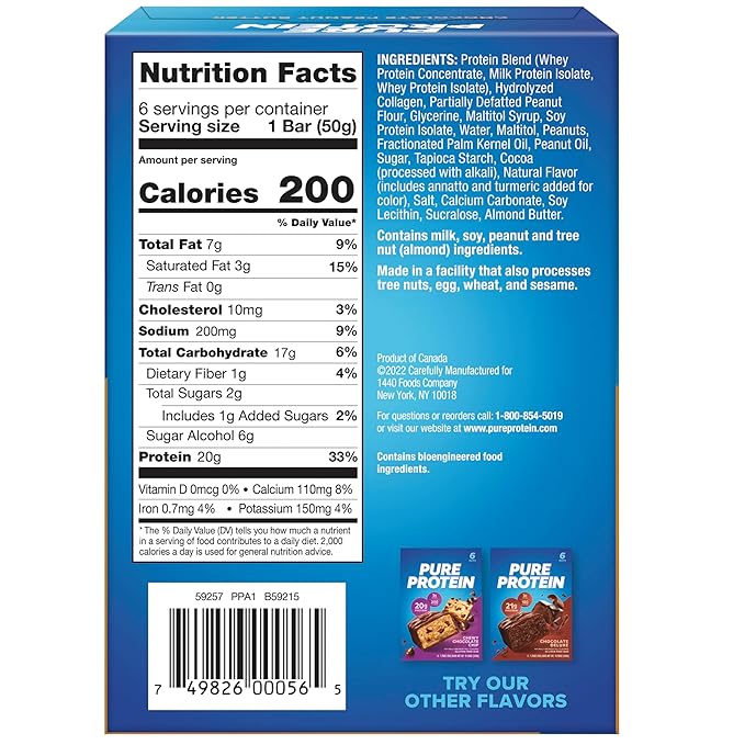 Pure Protein Bars High Protein Nutritious Snacks to Support Energy Low Sugar Gluten Free Chocolate Peanut Butter 1.76 Oz (Pack of 6)