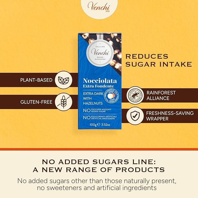 Venchi - Set of 6 Extra Dark Hazelnut Bars 21.16 oz - NO Added Sugar - NO Artificial Sweeteners - Gluten Free - Vegan - Great Gift Idea