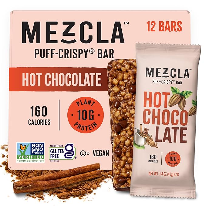 Mezcla Puff-Crispy Plant Based Protein Bars - Hot Chocolate - Healthy Snacks for Kids &amp Adults - Granola Bars for School Travel &amp Office Snacks - Gluten Free Vegan Non GMO 10g Protein - 1