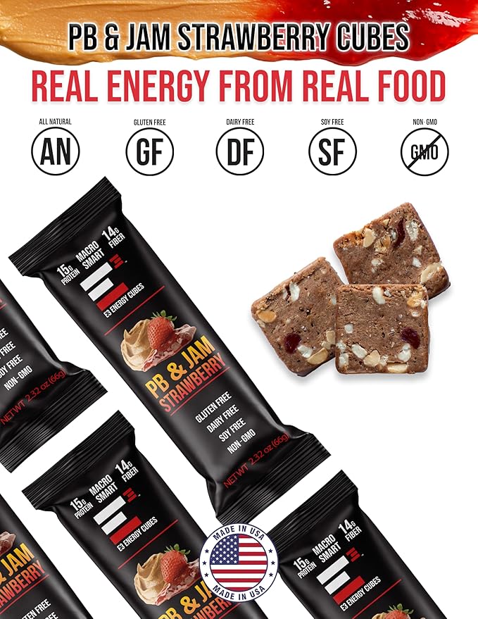 E3 Energy Cubes- PB &amp Jam Strawberry Refrigerated Protein Bars | Gluten Free Dairy Free Soy Free Healthy Non-GMO Macro Smart Prebiotic Fiber | Healthy Snack Bars | Made in USA Pack of 12