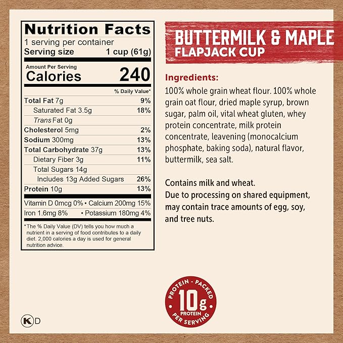 Kodiak Cakes Instant Pancake &amp Flapjack Cups Buttermilk &amp Maple High Protein 100% Whole Grains (Pack of 12)