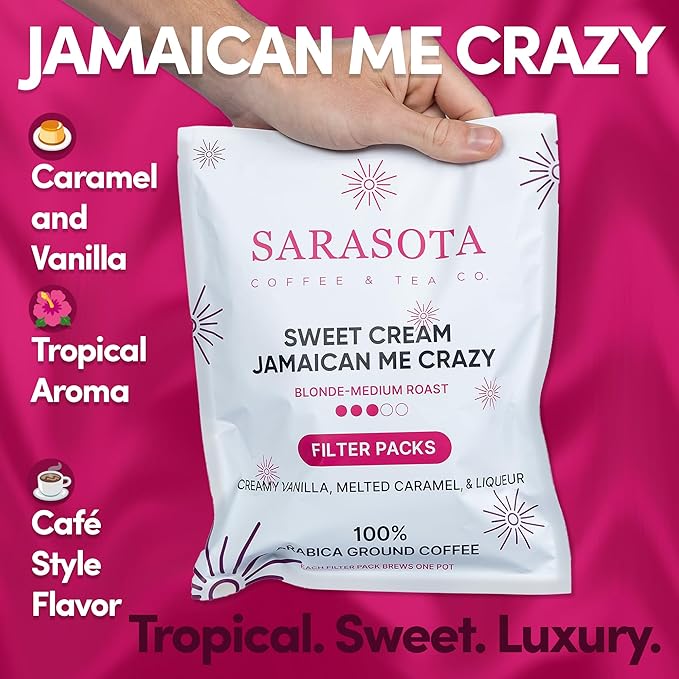 Ground Flavored Coffee In Filter Packs | Medium Roast Low Acid Mold Free Pouches | Sampler Packets | Sweet Cream Jamaican Me Crazy Gourmet Powder Bags for 10-12 Cup Drip Maker | Highest Rated Individu