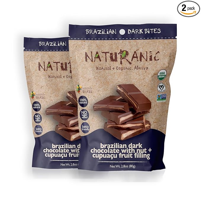 Naturanic Brazilian Dark Chocolate Bar Cupuaçu and Nuts Filling Sugar Free Keto Friendly Vegan Organic Non-GMO Gluten Free - Pack of 2