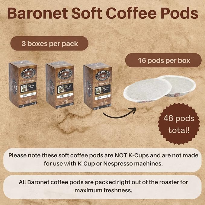 Baronet Coffee Mocha Java Coffee Pods Bag - Regular Medium Roast 12 Grams - Individually Wrapped for Freshness - Rich Traditional Flavor16 Count (Pack of 3)