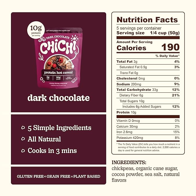 ChiChi – Protein Hot Cereal | Dark Chocolate (8.8 oz x 4 pouches 20 servings) —Made with Chickpeas Protein-Packed (11g) High Fiber Made with Simple Ingredients Gluten Free Grain Free Vegan
