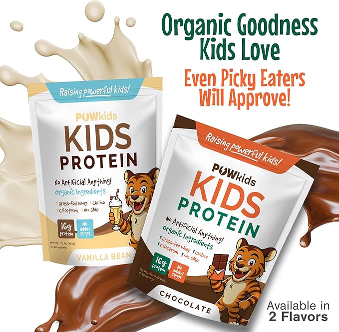 Kids Protein Shake Powder 16g – No Added Sugar Organic Ingredients Grass-Fed Whey Proteins – Calcium &amp Choline for Bone Strength &amp Brain Development Protein Shake – Vanilla