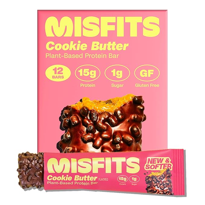 Misfits Vegan Protein Bars - Speculoos Cookie Butter | Nutrition Bars - 15g Protein 1g Sugar Plant-based Low Carb Non-GMO Gluten Free Snacks | Pack of 12