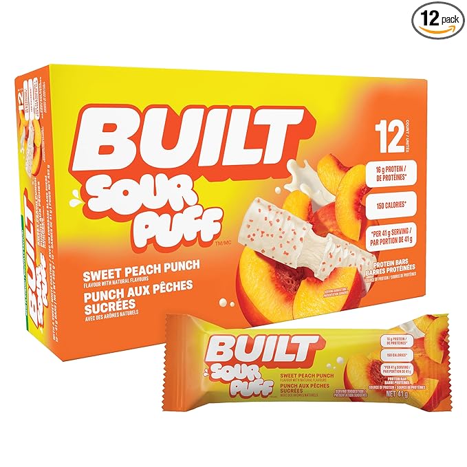 BUILT Bar Sour Puff Protein Bars - Sweet Peach Punch - 16g Protein Snack Bars with Collagen - Calorie Conscious &amp Gluten Free - 12 Count