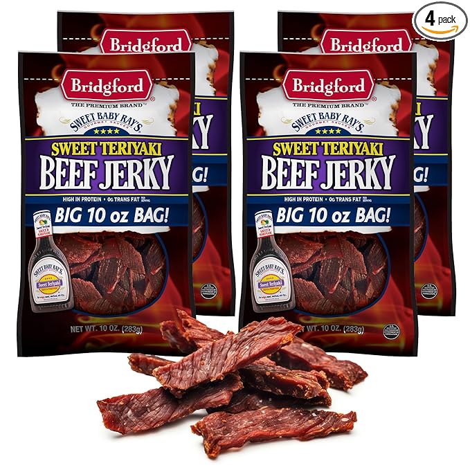 Bridgford Sweet Baby Ray's Beef Jerky Sweet Teriyaki 10 oz Pack of 4 - High Protein Beef Jerky for Low Carb and High Protein Diets - Ready-to-Eat Snacks for on the Go Snacking and Busy Lifestyles