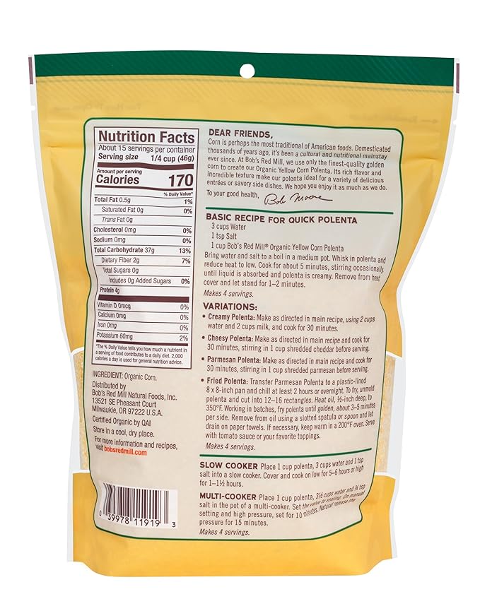 Bob's Red Mill Organic Corn Grits / Polenta 24oz (Pack of 4) - Vegan Kosher