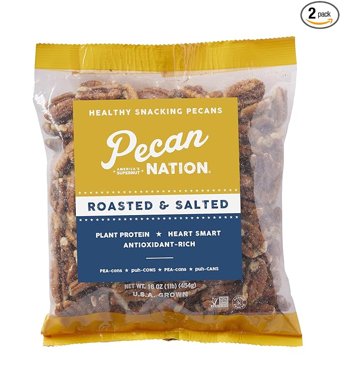 Pecan Nation Roasted &amp Salted Georgia Pecan Halves 16 oz. Natural No preservatives Antioxidant-Rich Low Carb Dry Roasted Healthy Nut Snack for Adults and Kids (2 Pack)