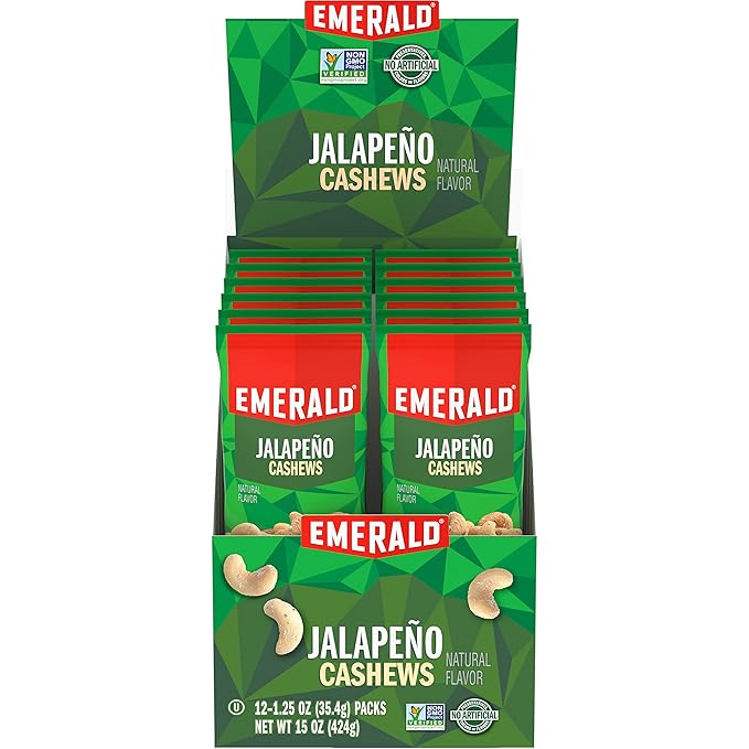 Emerald Nuts Jalapeno Seasoned Cashews 12 Ct (1-Pack) 1.25 Oz Individual Snack Tubes Plant-Based Protein Kosher Certified Non-GMO Contains No Artificial Preservatives Flavors or Synthetic Colors