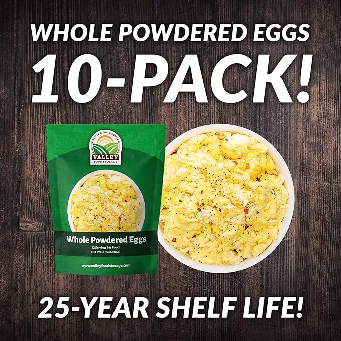 Valley Food Storage Freeze Dried Whole Powdered Eggs | 10-Bag Bucket 63.5 oz | Premium Emergency Food Supply 25 Year Shelf Life | Non-GMO Prepper Supplies Survival Food Camping &amp Off-Grid Livi
