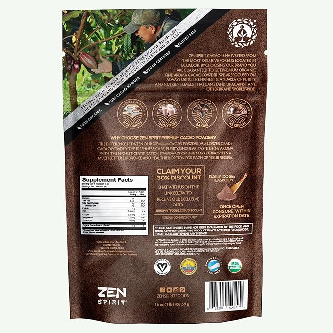 Cacao Powder Organic - 1 Pound - Unsweetened Premium Grade Superfood (Raw) - USDA &amp Vegan Certified - Perfect for Keto Breakfast Hot Chocolate Baking &amp Ice Cream. (Cacao Powder (1 LB))