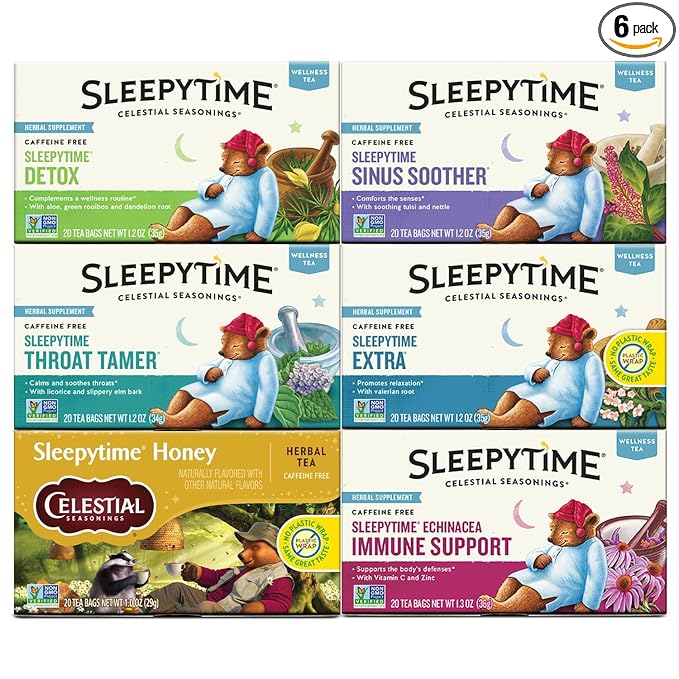 Celestial Seasonings Wellness Tea Sleepytime Variety Pack Detox Sinus Soother Throat Tamer Sleepytime Extra Honey Immune Boost Caffeine Free Sleep Tea 20 Tea Bags (Pack of 6)
