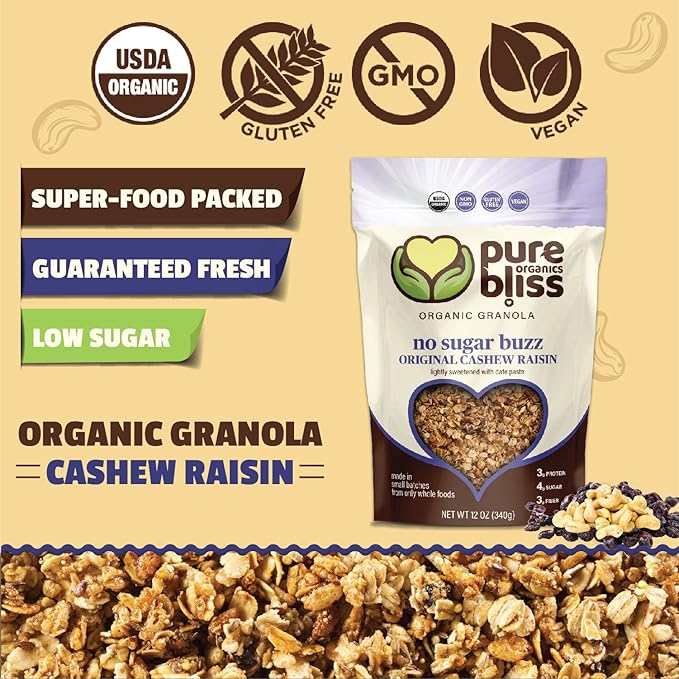 Pure Bliss Organics No Sugar Buzz Cashew Raisin Granola Certified Organic and Gluten Free Vegan Non GMO Low Glycemic Low Sugar Alternative Date Sweetened only Small Batch Artisan Granola Cereal