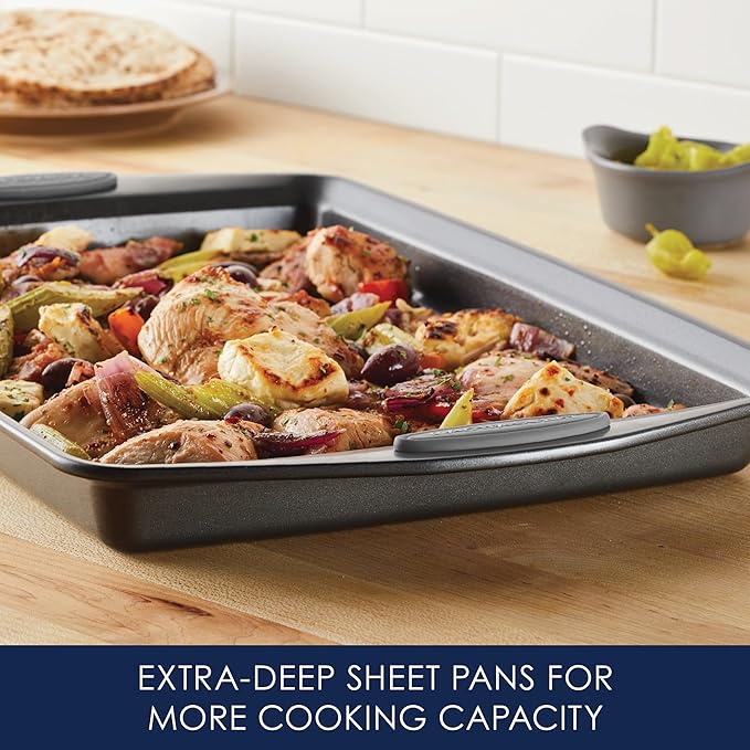 Rachael Ray Nonstick Bakeware Set with Grips Nonstick Cookie Sheets / Baking Sheets - 3 Piece Gray with Sea Salt Gray Grips