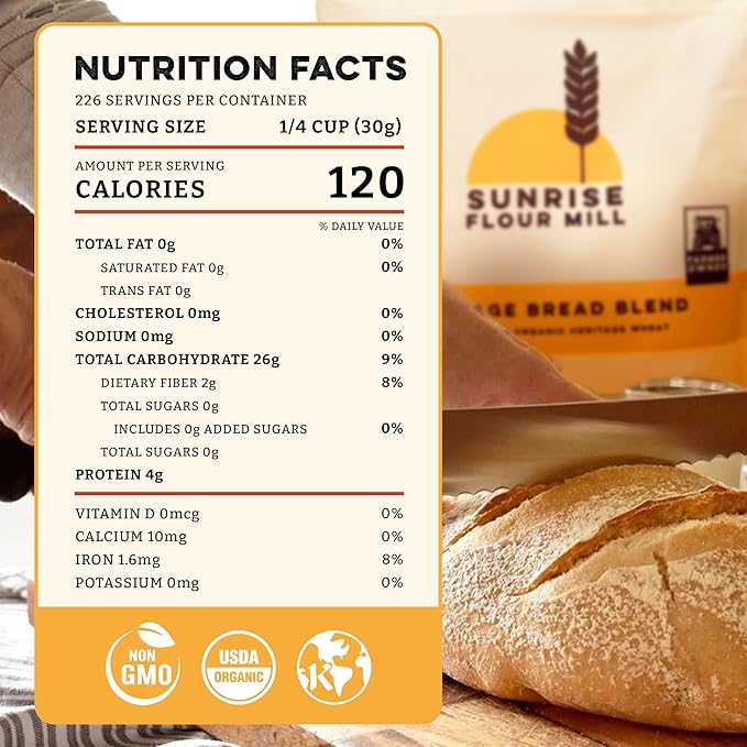 Sunrise Flour Mill Heritage Organic Bread Flour Blend - 25 lbs | Organic Unbleached Bread Flour Easy to Digest with Less Bloating | High Protein Superior Baking | Smooth Nutty Flavor