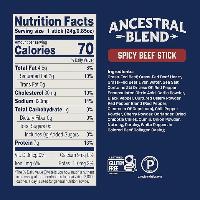 Country Archer Ancestral Beef Jerky Sticks Spicy - Hot Grass Fed Beef Sticks Individually Wrapped Sugar Free Meat Snack Bulk Gluten Free Paleo Keto 7g Protein Per Stick - 1 oz (Pack of 18)