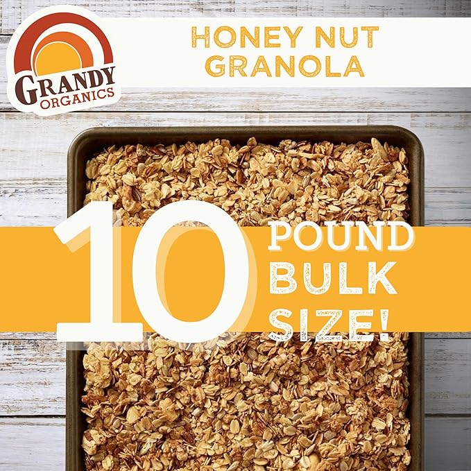 Grandy Organics Honey Nut Granola 10 Pound Bulk Bag Certified Organic Gluten Free Non-GMO Kosher Plant Based Protein Granola