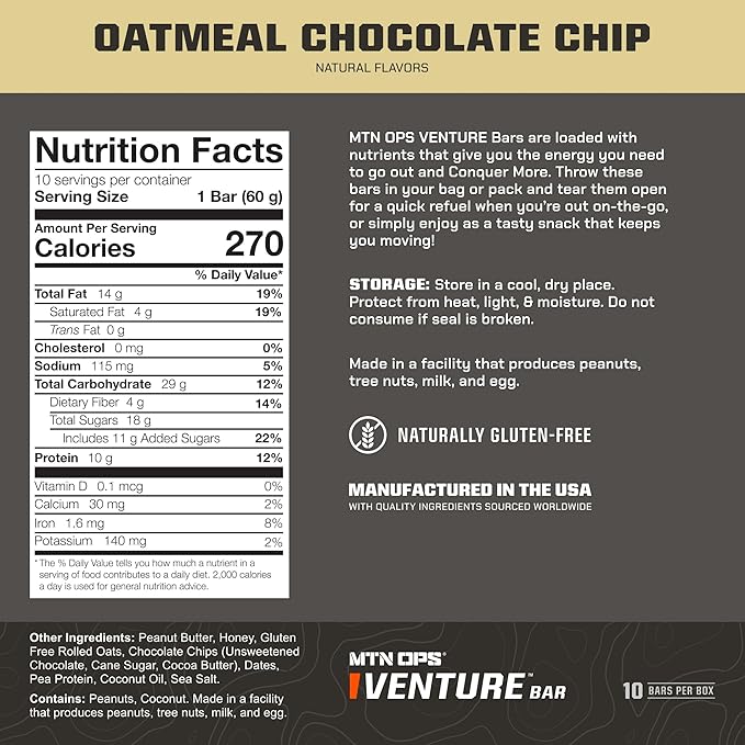 MTN OPS Protein Bars – Energy Snack with 10g Protein Gluten-Free Oatmeal Chocolate Chip Venture Bar for Hiking &amp On-the-Go Fuel 10 Bars