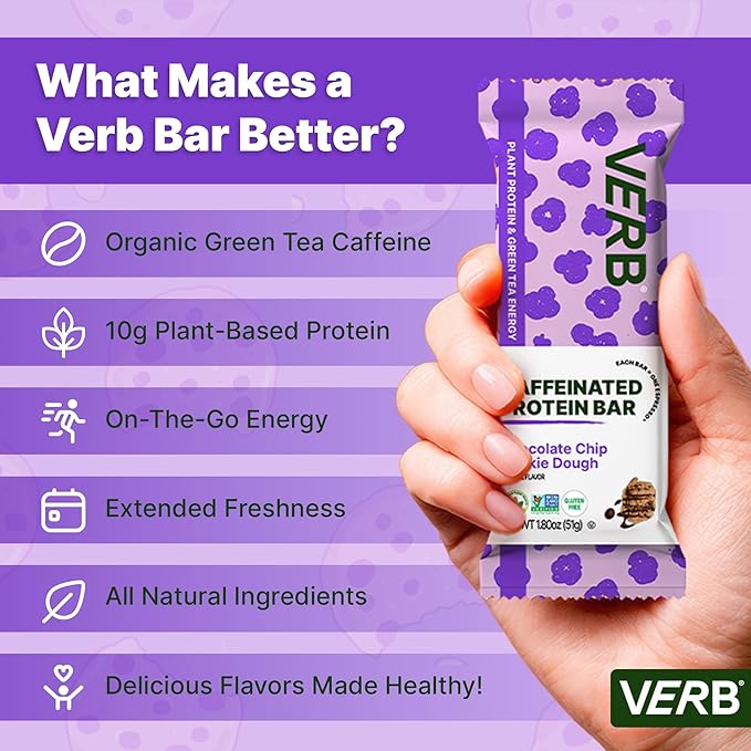 Verb Energy - Caffeinated Protein Bars Chocolate Chip Cookie Dough 190-Calorie Low Sugar 10g Protein Bar - Vegan Snacks - Gluten Free Breakfast Bars with Organic Green Tea 51g Per Bar (Pack of 12)