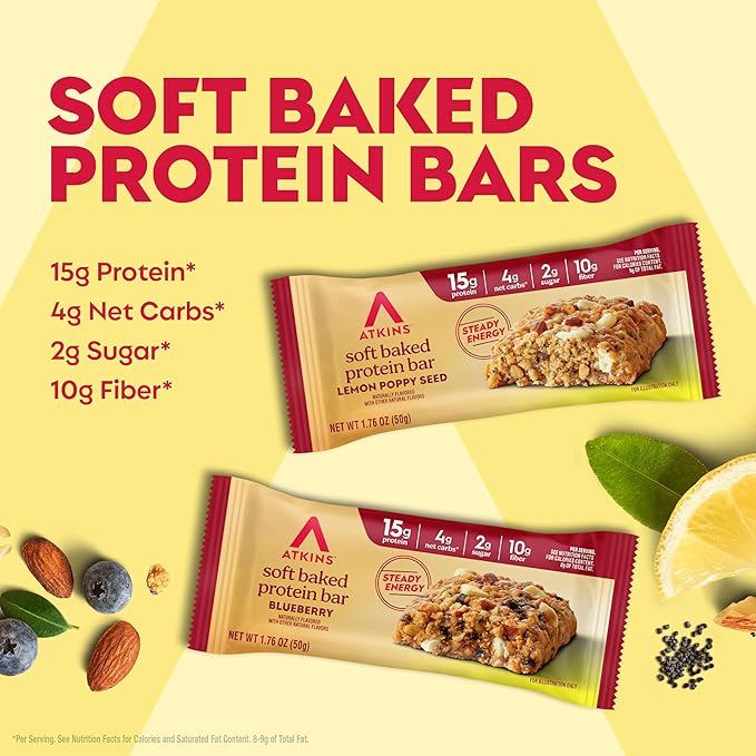 Atkins Soft Baked High Protein Bars Lemon Poppyseed &amp Blueberry Flavors 15g Protein 4g Net Carbs 2g Sugar Keto Snacks Low Sugar Protein Bars High Fiber Snacks 12 pk (6 bars each flavor)